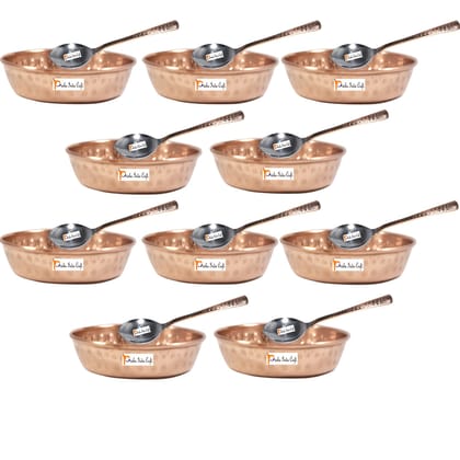 Prisha India Craft Pure Copper Serving Bowl with Spoon Set  Hammered Design   Diameter 5 Inch  Set of 10