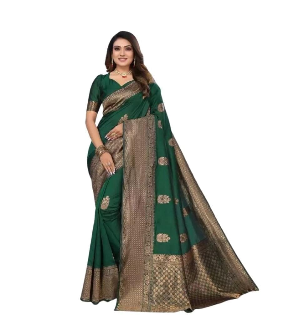 Women's Soft Lichi Silk Printed Saree With Unstitched Blouse 5.5Mtr (Green)-PID63630