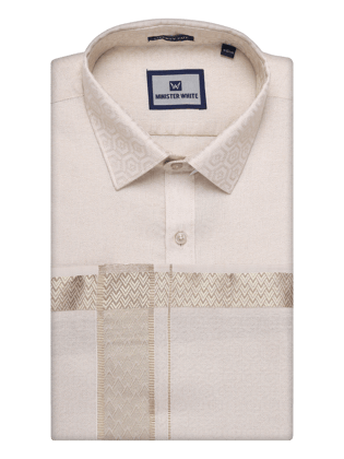 Men's Beige Tissue Jacquard Shirt with Matching Dhoti Combo Zeebra-36 / F/S / Beige