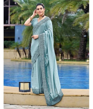 Satrani Silk Blend Embroidered Saree With Unstitched Blouse Piece ( LightBLue )