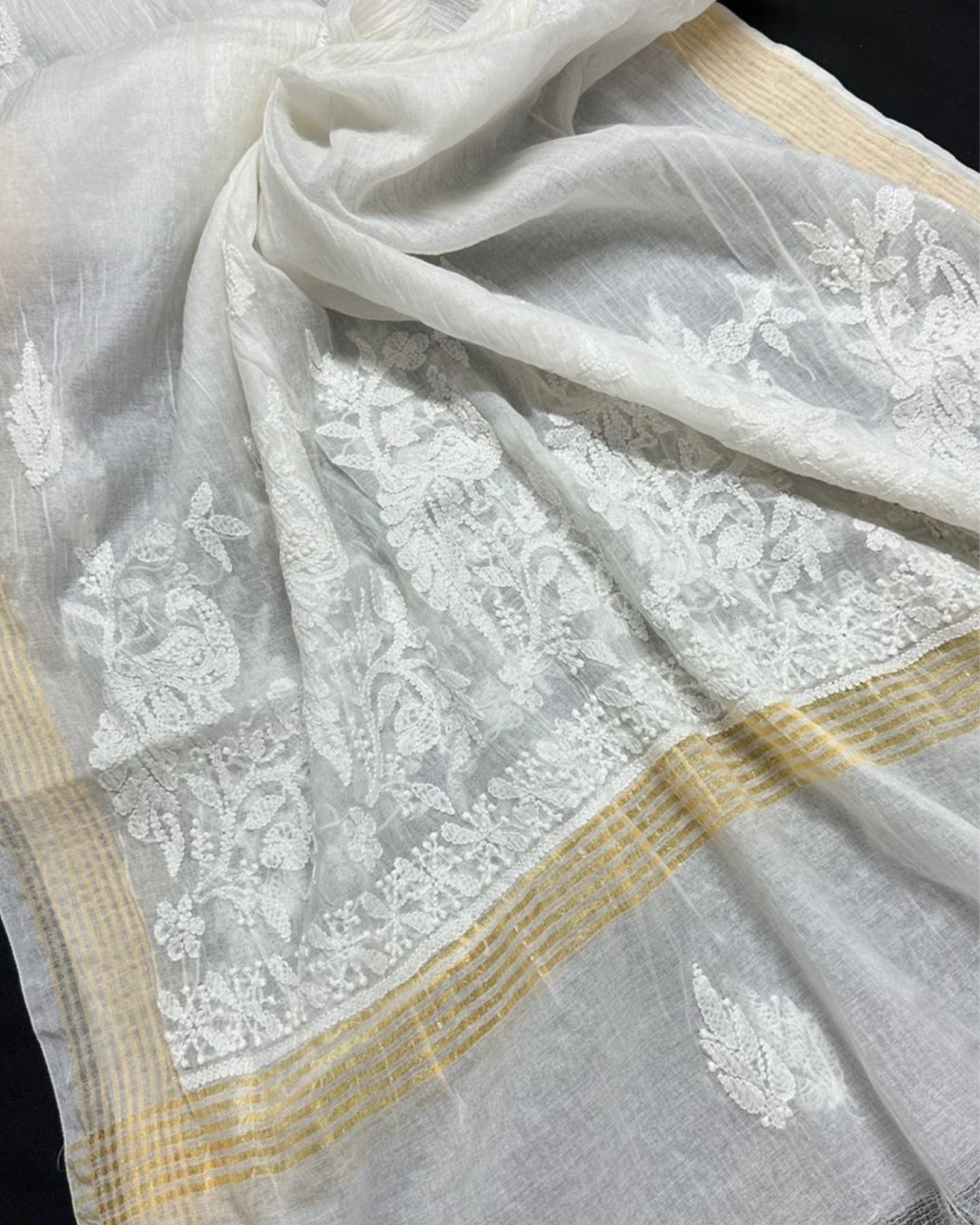 Exquisite Chanderi Silk Hand Chikankari White Dupatta