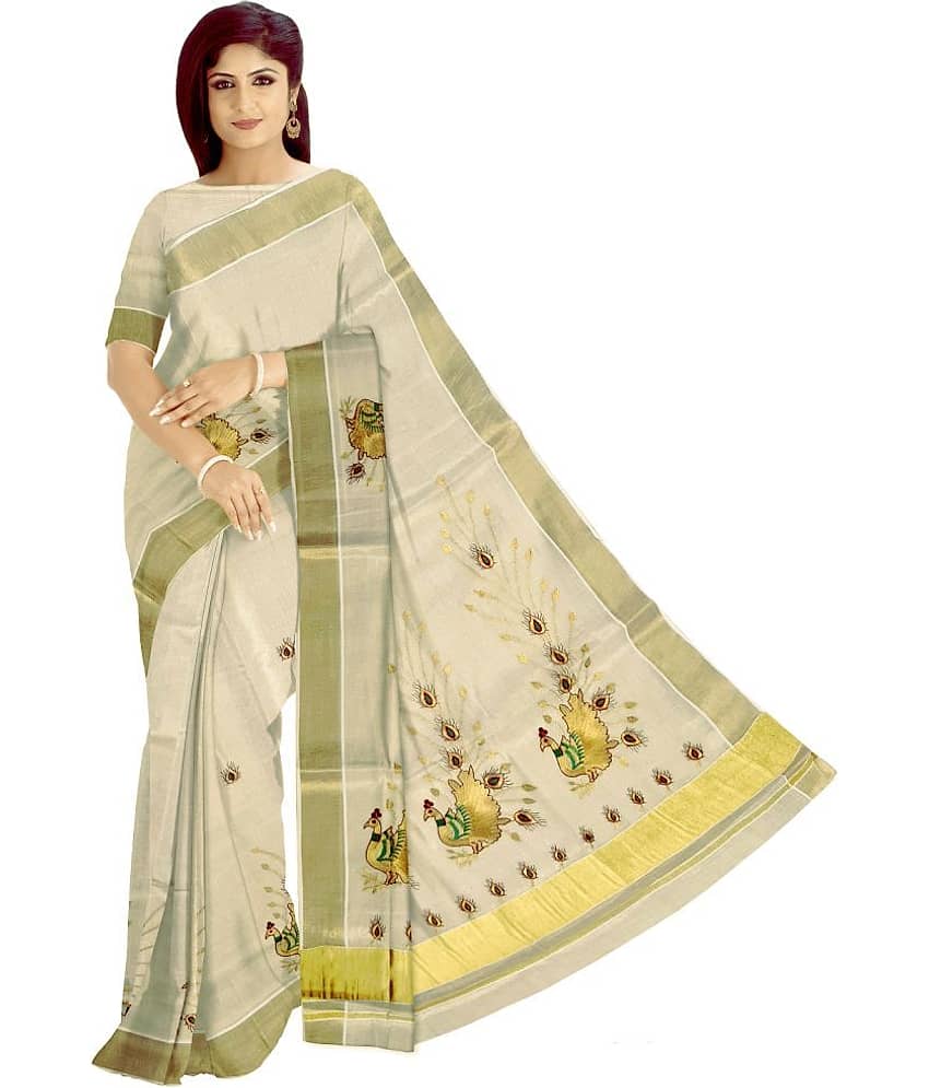 BRINDAVAN CREATIONS Kerela Cotton Saree With Unstitched Blouse Piece ( Gold )