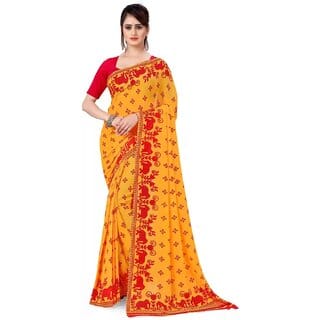SVB Sarees Womens Yellow And Red Colour Animal Printed Saree With Blouse Piece
