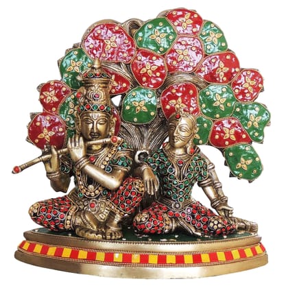 Brass Radha Krishna Idol With Tree - Handcrafted Showpiece, Height : 11.7 Inch (BSMAS1548 E)