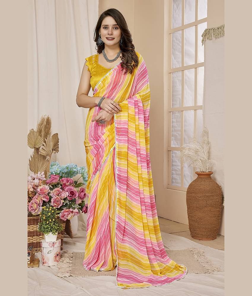 BLEESBURY Georgette Printed Saree With Unstitched Blouse Piece ( Yellow,Multicolour )