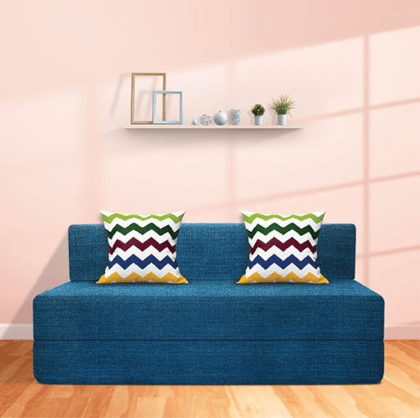 Starlon 3 Seater Sofa Cum Bed | Foldable Sofacum Bed | Jute Fabric Washable Cover Sofa (Teal with 2 Cushion Waves Pattern, 6X6.5 Ft)