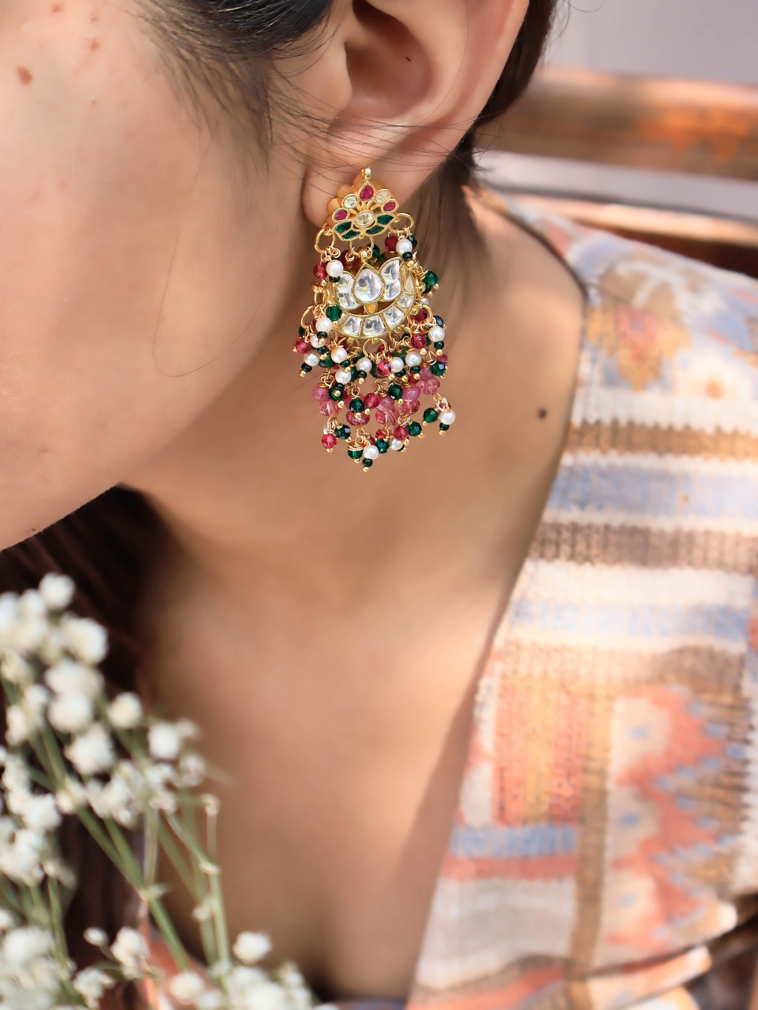 Laamia Red-Green Kundan Chandbali Earrings-Multicolored