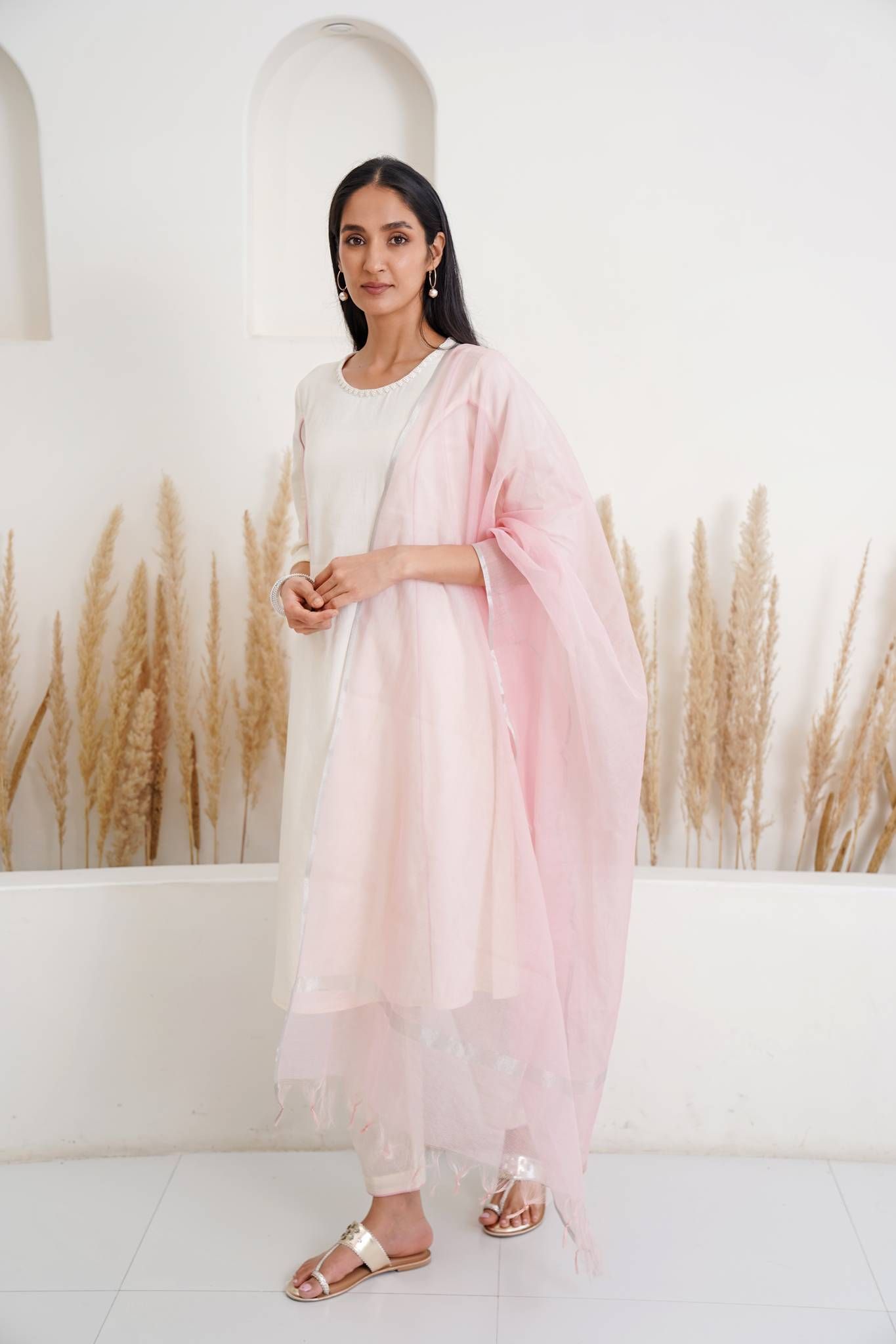 Ivory Pearl Kurta with Narrow Pants-XXS / XXS