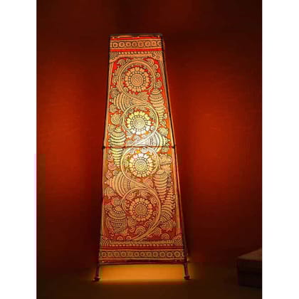 Bright Flower Kalamkari Handpainted Standing Square Leather Lamp -17 Inch