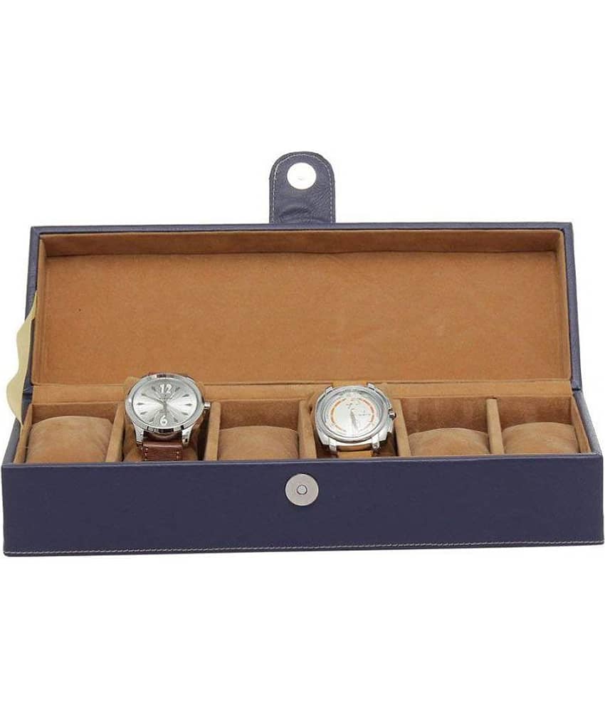 Leather World 6 Compartments Blue PU Leather Designer Watch Box Case with Clasp Closure