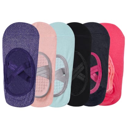 Yoga and Pilates Non-Slip Socks for Women - Set of 6 (Purple, Pink, Mint Green, Black, Grey, Peach)