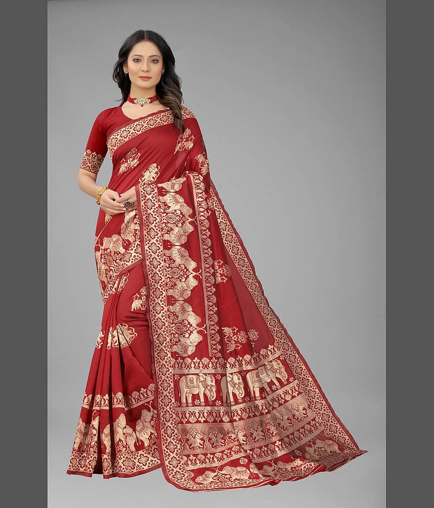 NENCY FASHION Banarasi Silk Self Design Saree With Unstitched Blouse Piece ( Black )
