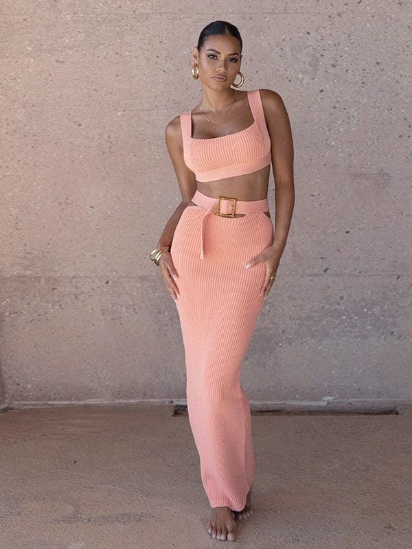 Simrit Sheath Strap Top & Belted Skirt Coord Set-S / PINK