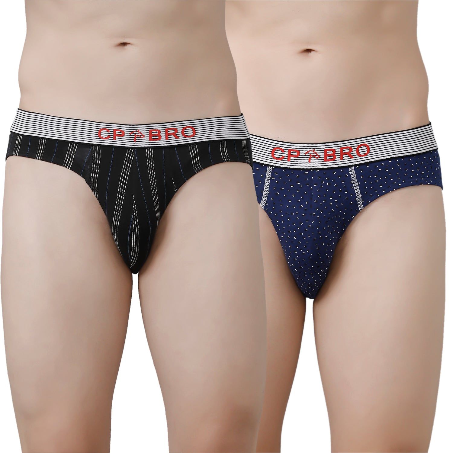 CP BRO Men's Printed Briefs with Exposed Waistband Value Pack - Black Stripe & Navy Dot (Pack of 2)