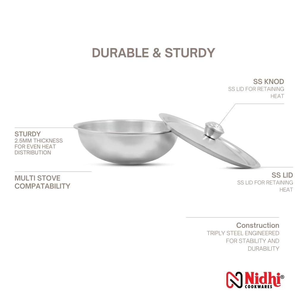 Nidhi Triply Tasra 200 Mm | 1.7 LTR Volume | 2.5 Mm Thickness | Ss Lid (Triply Tasra 200 Mm)