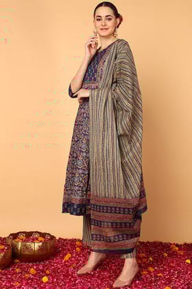 Blue Pure Cotton Floral Printed Flared Kurta Trouser With Dupatta VKSKD2110