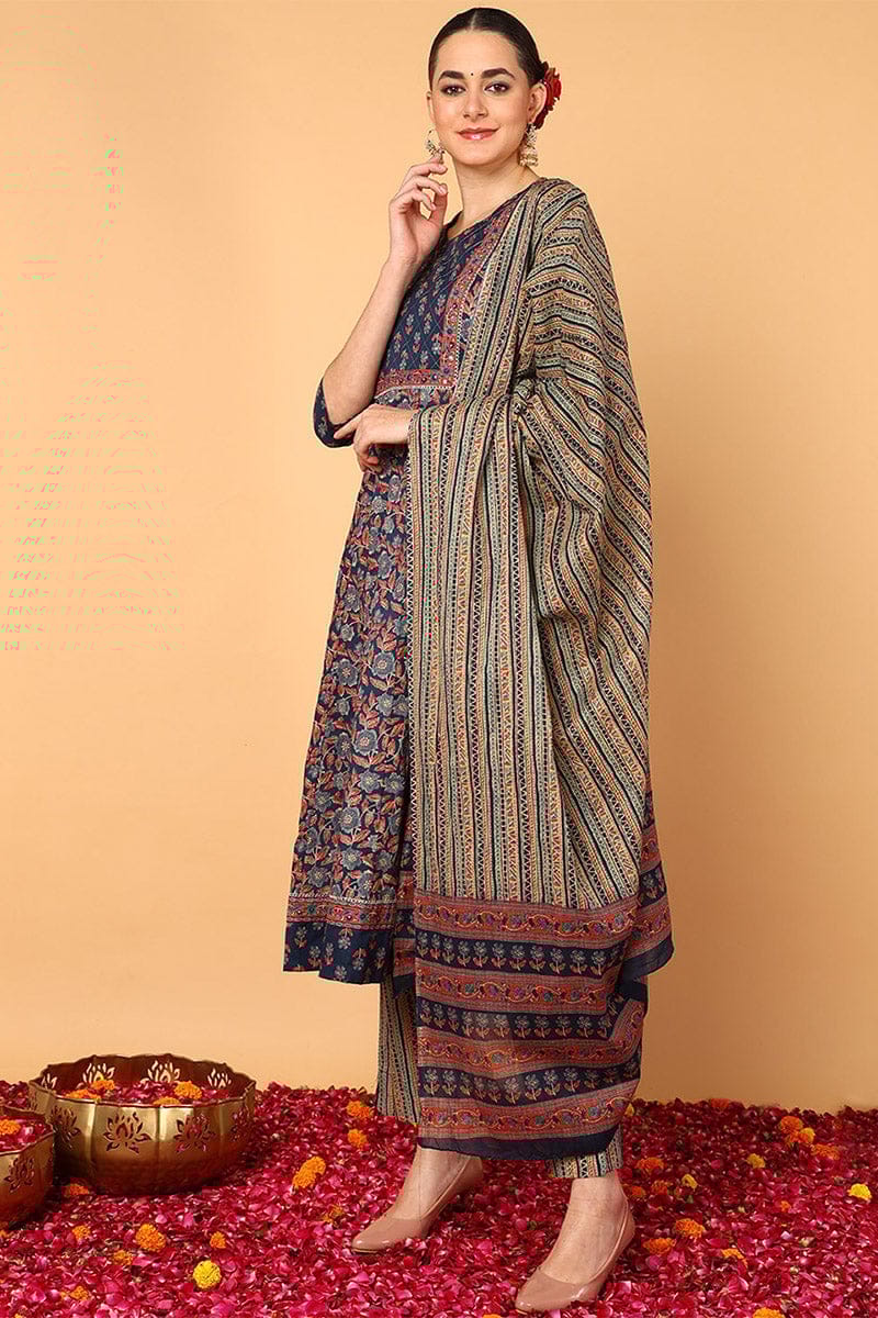 Blue Pure Cotton Floral Printed Flared Kurta Trouser With Dupatta VKSKD2110