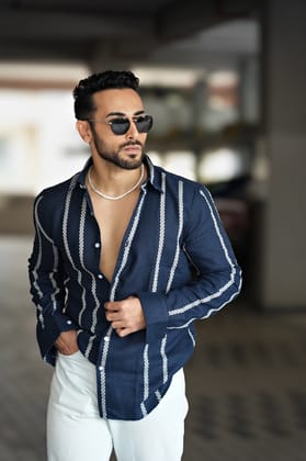 Espana Jute Dobby Textured Striped Shirt Navy Blue-2x-large / Navy Blue / Espana Jute Dobby Striped Shirt