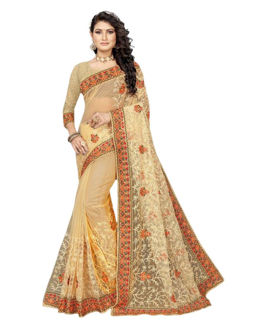 Generic Women's Net Saree With Blouse (Chiku, 5-6 Mtr)