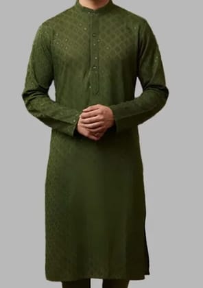 Men Olive Green Chikankari Sequence Kurta