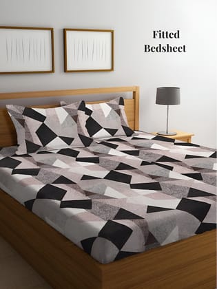 Brown & Black Geometric 300 TC Fitted King Bedsheet with 2 Pillow Covers
