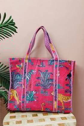 Handblock Printed Quilted Tote Bag with concealed zip ( 17x18x 6 inches)