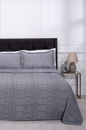 Kantha Stitch Steel Grey Cotton Bedcover-Double: 90 x 108 in / Dark Grey / Grey