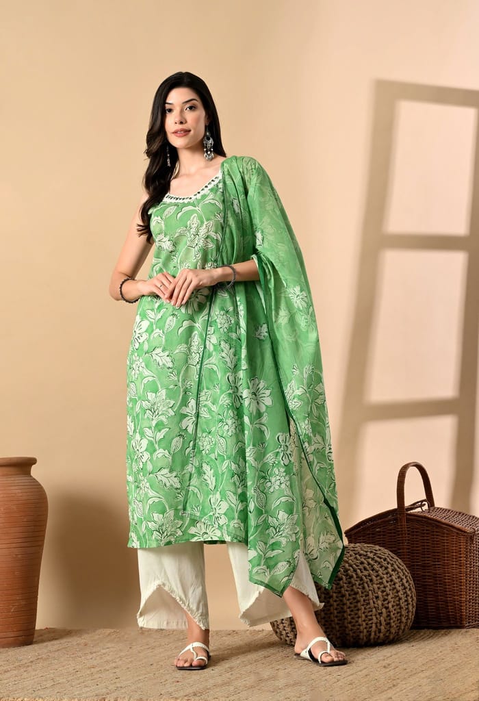 Noodle Strap 3PC Cotton Set with Fish Cut Palazzo and Sitara Work