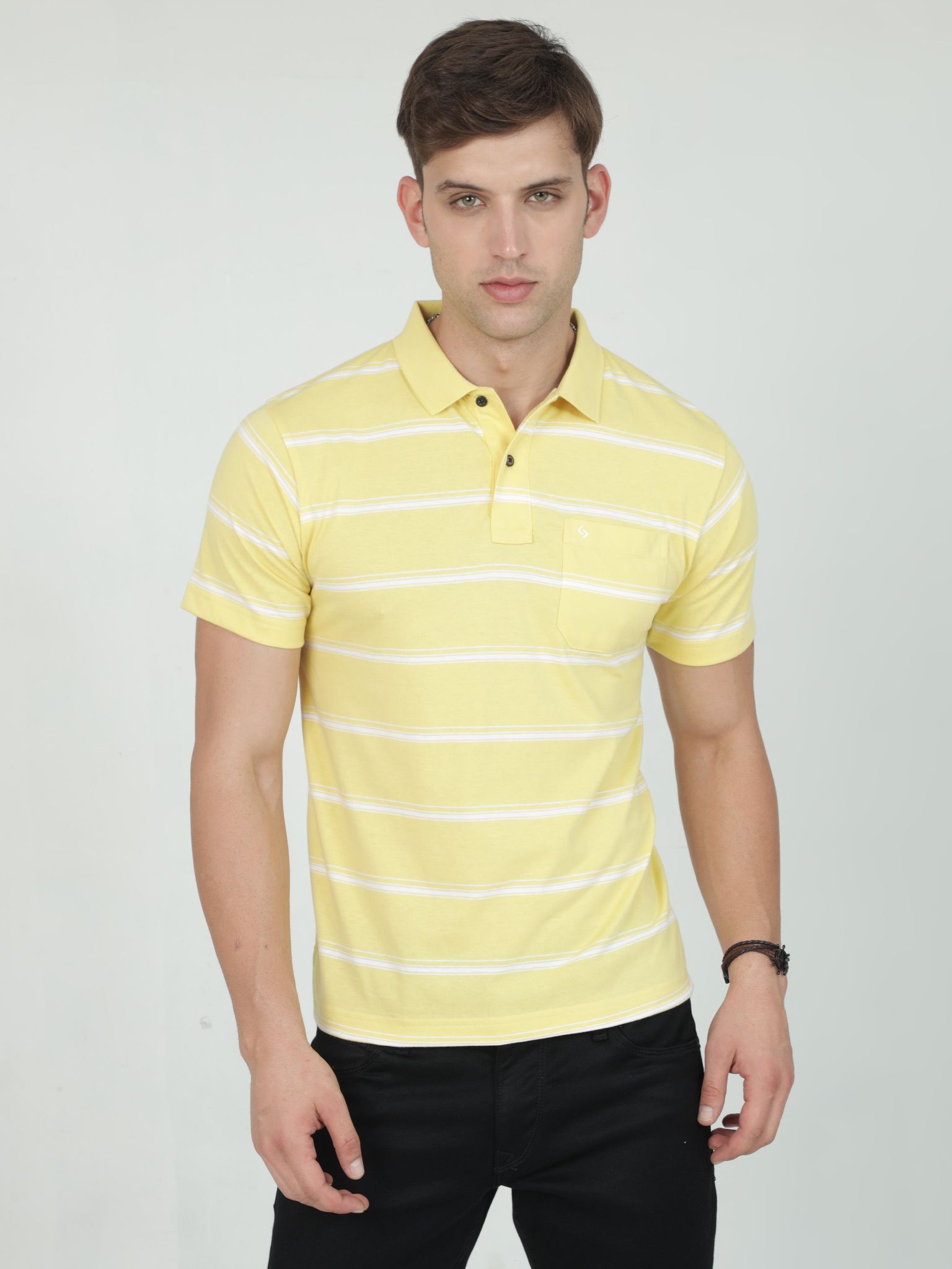 Classic Polo Mens Casual Yellow Striped Cotton T-Shirt | F-AVON - 113 B AF P