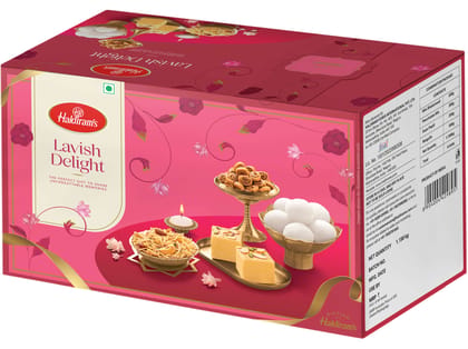 Haldiram's Lavish Delight Gift Hamper- 200g of Panchratan Mixture, 200g of Mini Bhakarwadi,  500g  of Syrupy Rasgulla with 250g Soan Papdi.