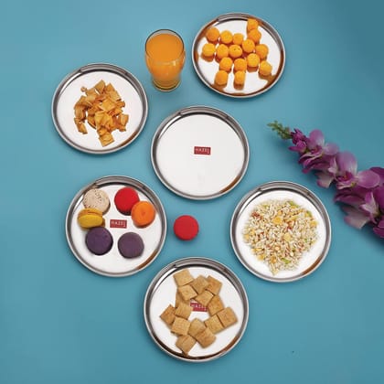 HAZEL Stainless Steel Snack Plates with Mirror Finish , 16 cm Quarter Plates Set for Kitchen , Glossy Finish Thali, Set of 6
