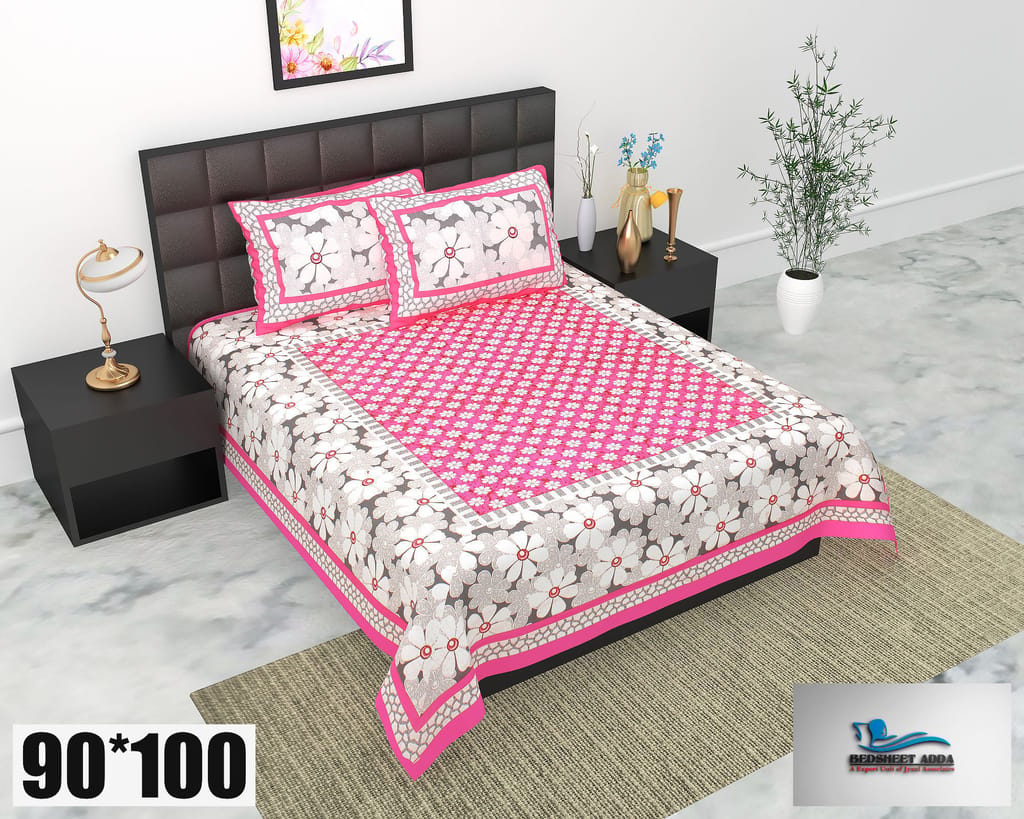 2001-Bedsheet Adda-Pure Cotton Jaipuri Printed Double Bedsheet With 2 Pillow Covers-PINK