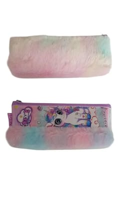 Unicorn Soft Fur Cotton Pouch Multipurpose Pencil Case for Girls Cute Fur Pouch Zipper Closer Storage Bag Travel Pouch Best Gift Pack of 1 (Pink) (Purple)