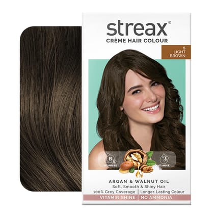 Streax Crme Permanent Hair Colour - 5 Light Brown Hair Color- 120 ml, 100% Grey coverage, Ammonia Free Hair Color, Long Lasting Hair colour for women Streax Crme Permanent Hair Colour - 5 Light Brown Hair Color- 120 ml, 100% Grey coverage, Ammonia Free H