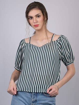 White and Green Striped Relaxed Fit Boat Neckline Top (OTL-TPS1021)-Blue / XS