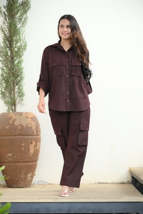 Brown Cargo Shirt and Cargo Pant Coord Set-S