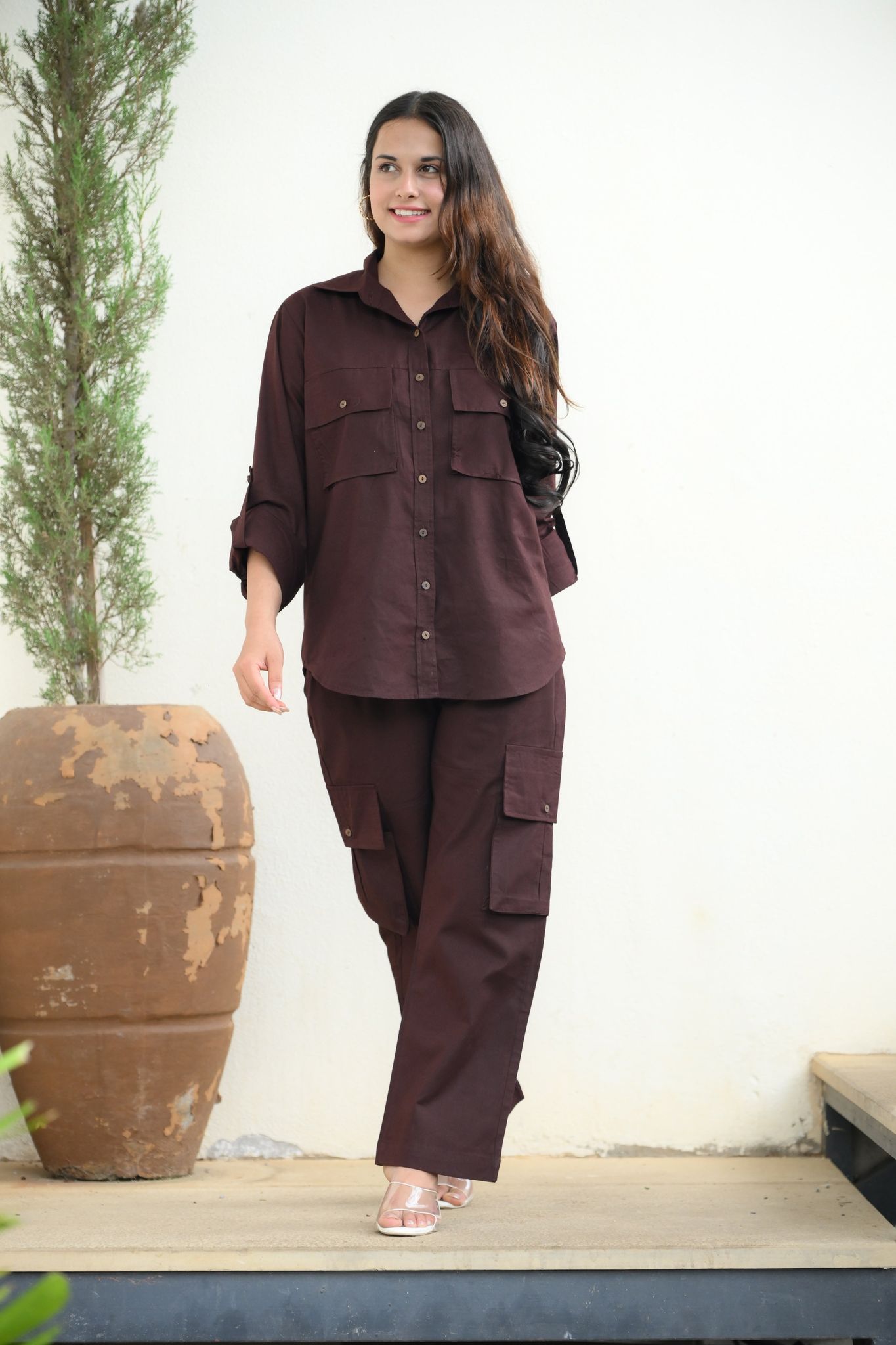 Brown Cargo Shirt and Cargo Pant Coord Set-S