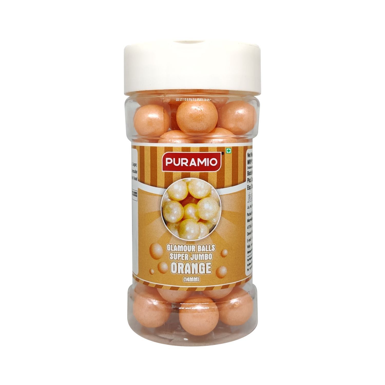 Puramio Glamour Balls Super Jumbo - Orange (14mm) For Cake Decoration, 125 gm