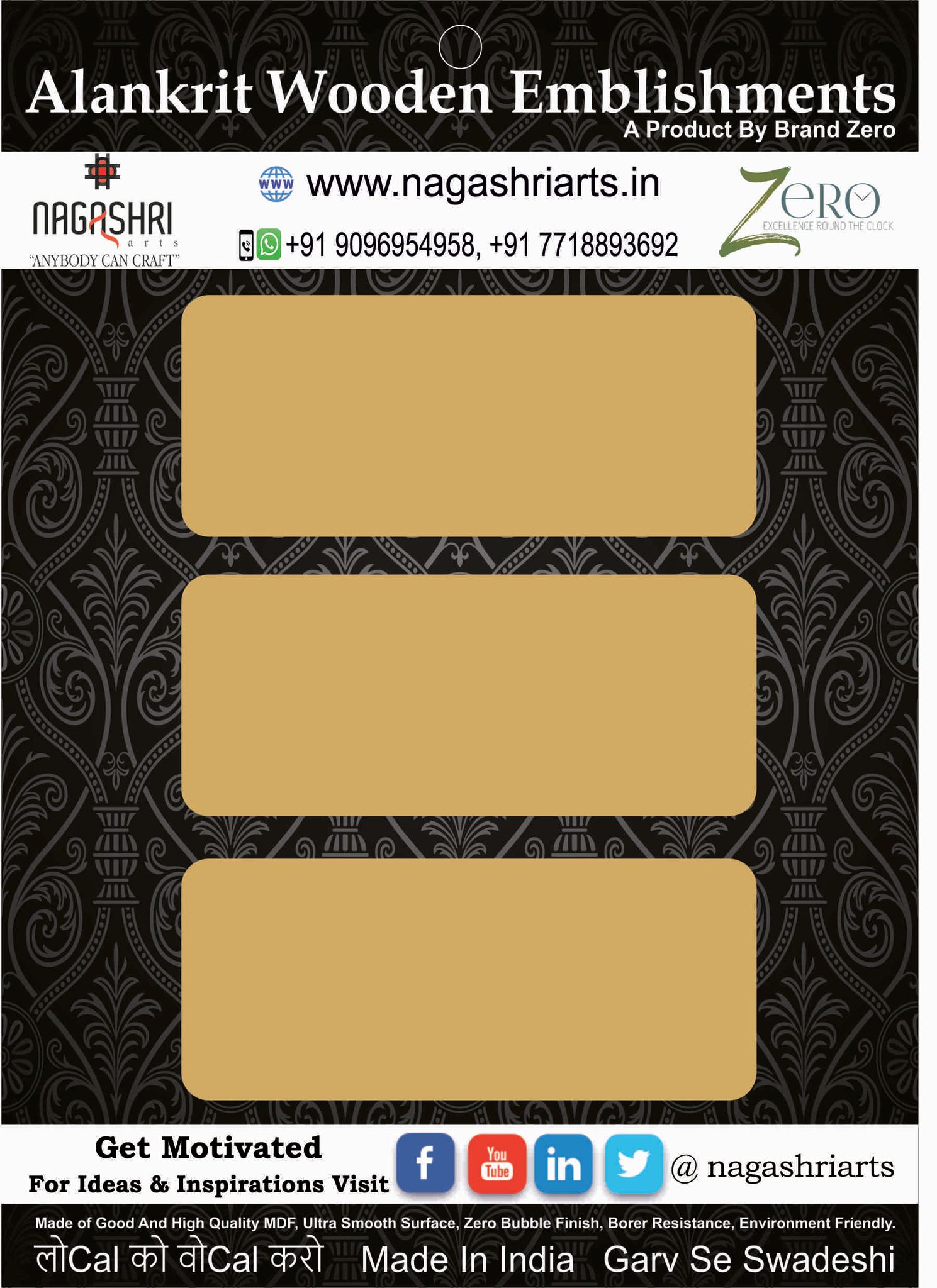 Brand Zero MDF Rectangle Name Plate Without Holes - Pack of 3 Pcs