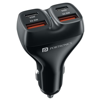 Portronics Car Power Quard 111W Car Charger, 4 Ports Fast Car Charger, Dual 33W Type-C PD, Dual 22.5W USB-A, Charge 4 Devices Simultaneously, for Smartphones, iPhones, Tablets, Earbuds and More