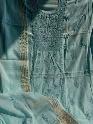 Mul Chanderi Chikankari Anarkali - Blue-Blue / Mul Chanderi