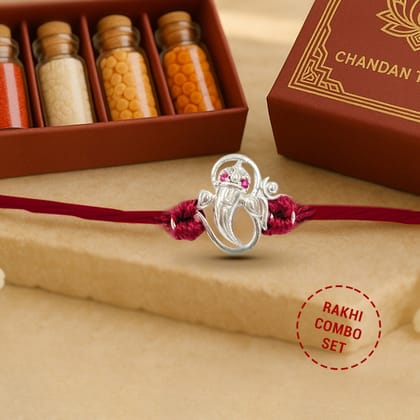 Pure 92.5 Ganesh & Om Silver Rakhi with Chandan Tilak Set