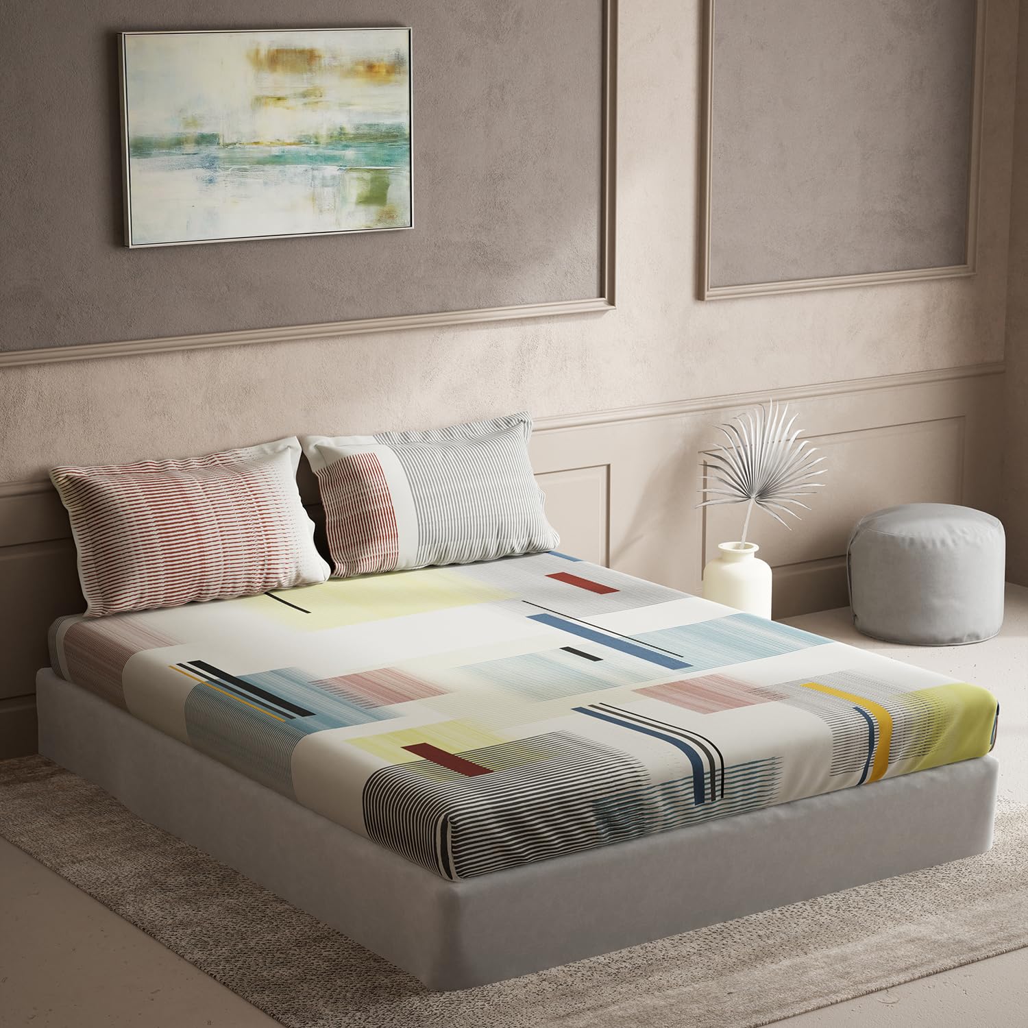 DDECOR - Elemental Collection 100% Cotton Geometric Pattern 144TC King Bedsheet |254 CM X 274 CM| with 2 Pillow Covers - Blue