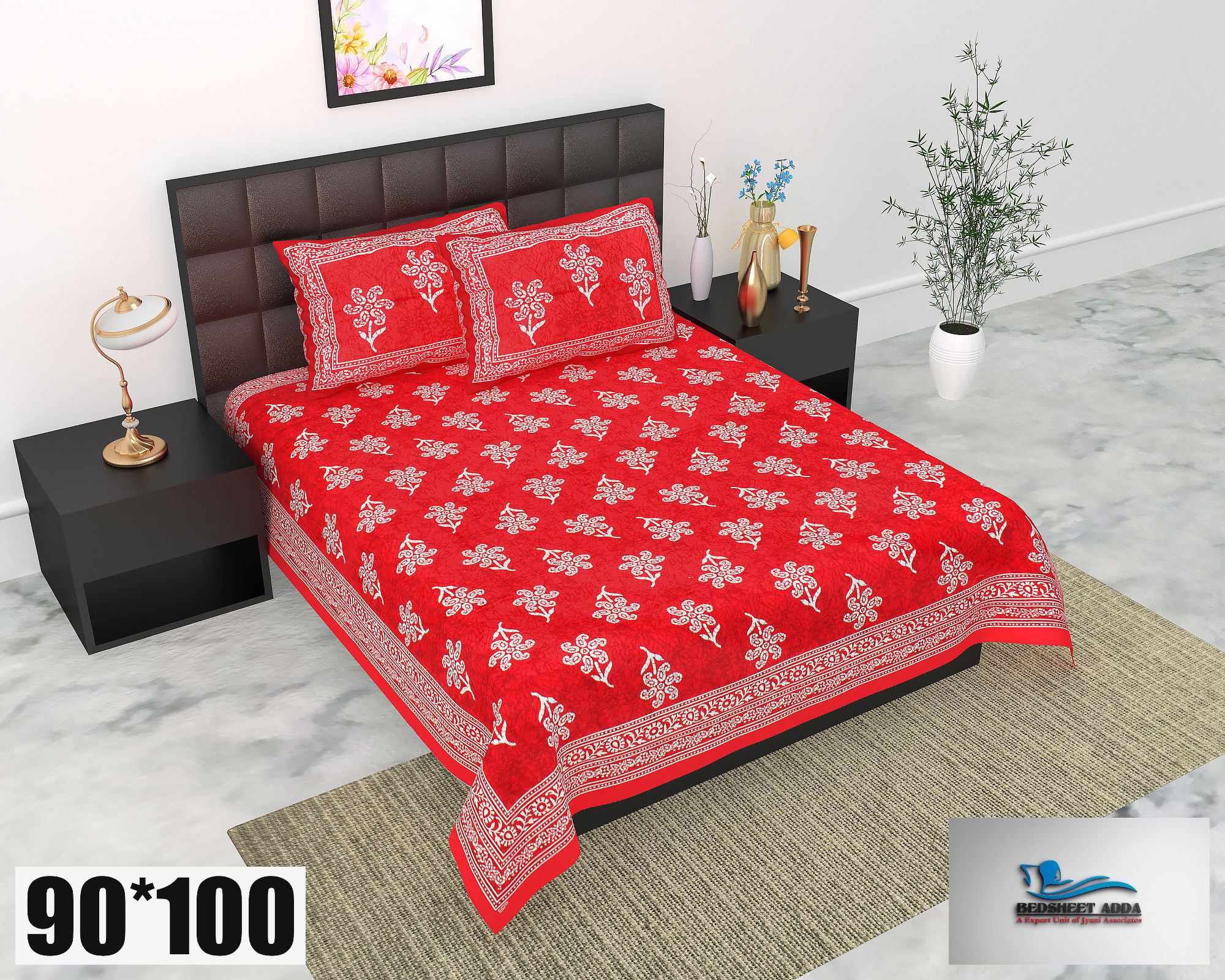 2001-Bedsheet Adda-Pure Cotton Jaipuri Printed Double Bedsheet With 2 Pillow Covers-BATIK -ORANGE
