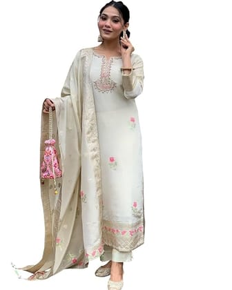 Womens Silk Embroidered Kurta Set with Dupatta and Pants