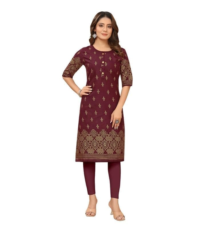 Women's Casual 3/4th Sleeve Foil Gold Printed Ruby Cotton Kurti (Brown, S)-PID46108