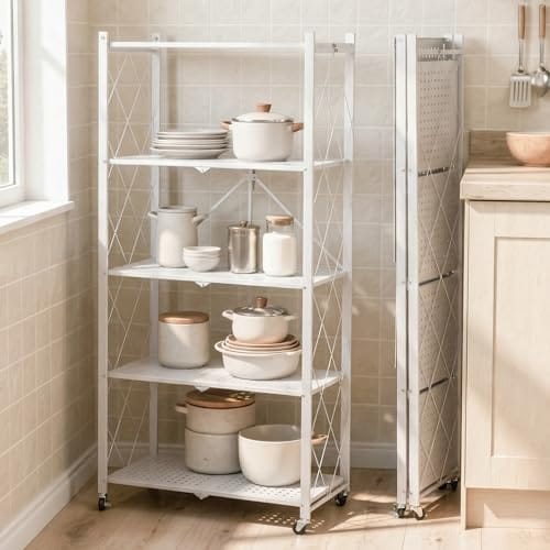 5-Tier Multipurpose Foldable Kitchen Storage Rack with Wheels