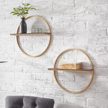Sahaj Hast Wall Mount Shelf - Circle Geometric Shelf Set of 2 in Modern Wood & Metal Design for Living Room or Study Sahaj Hast Wall Mount Shelf - Circle Geometric Shelf Set of 2 in Modern Wood & Metal Design for Living Room or Study