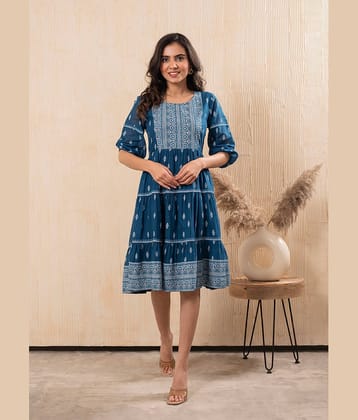 Juniper Women Cotton Printed Ethnic Dress ( Blue )