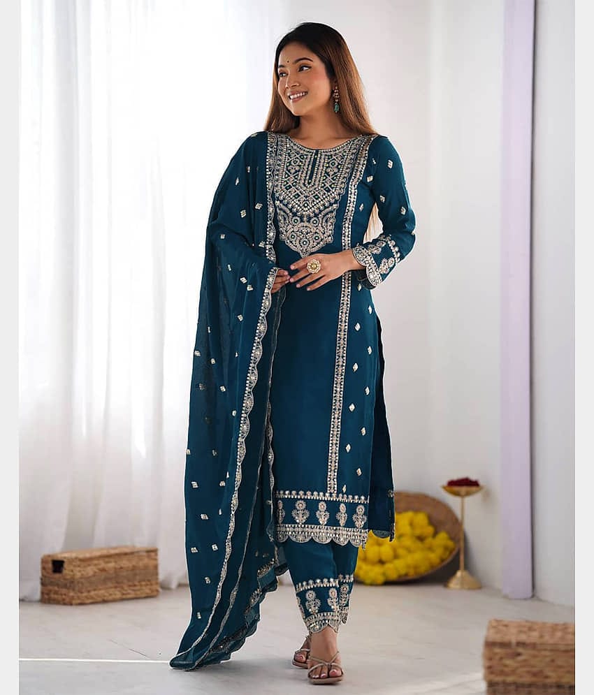kedar fab Women Cotton Blend Embellished Straight Kurti With Pants ( Navy )